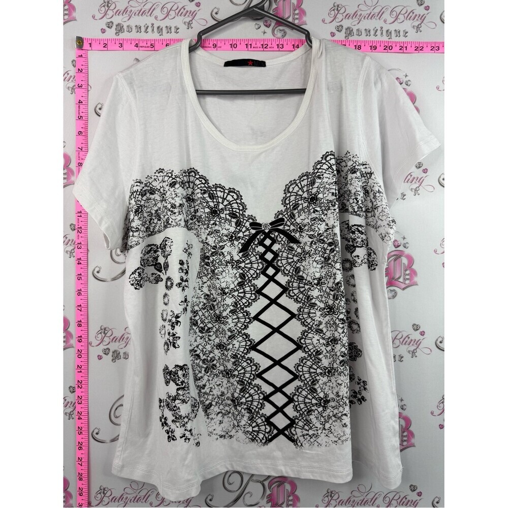 MXM tshirt corset bustier lace up White Short Sleeve Tee with Black Lace Print